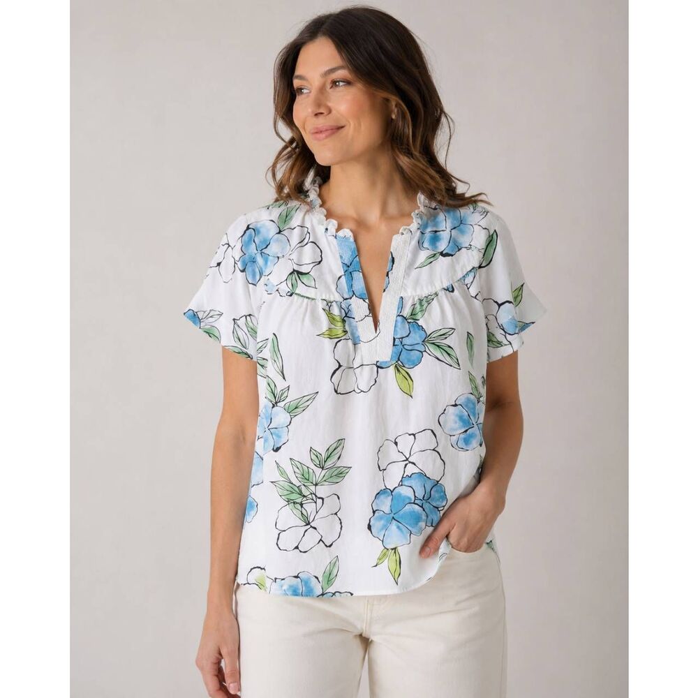 Marc New York Andrew Marc Floral Blouse Women’s Large Cotton Ruffle Neck Blue Wh